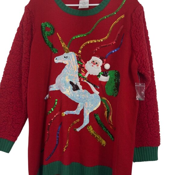 Jane Street Womens SZ 1X Christmas Unicorn Sweater Red Green Sequined Knit - Picture 2 of 8